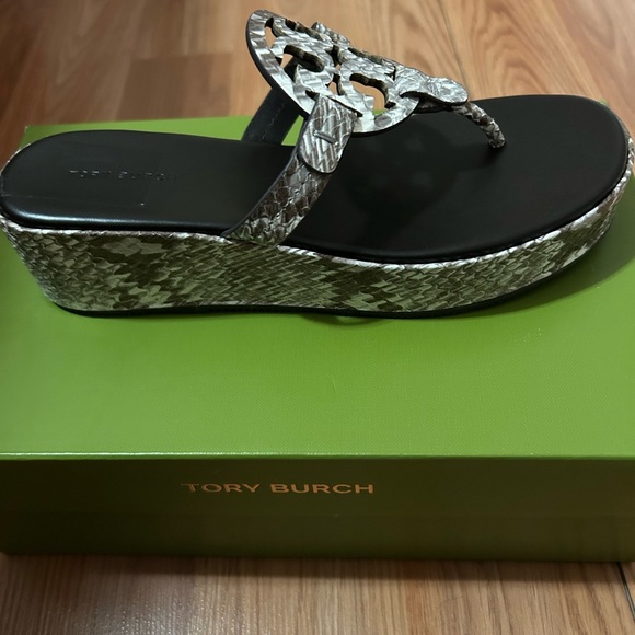 Tory Burch Black and Silver Wedge Sandals - Picture 1 of 3